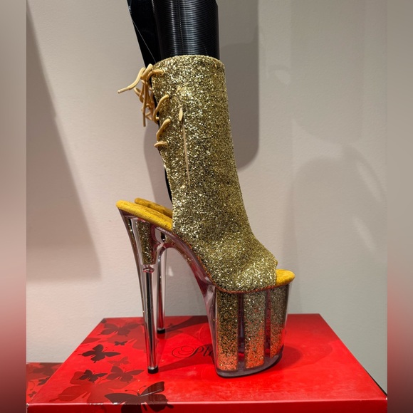 Pleaser Flamingo 1018G Gold‎ Glitter Open Toe Lace Up back Size 7 - Picture 8 of 10